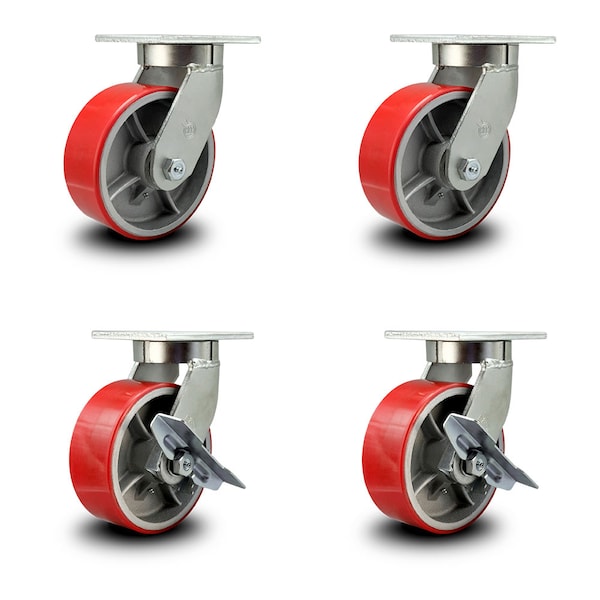 8 Inch Heavy Duty Red Poly on Cast Iron Wheel Swivel Caster Set with 2 Brakes